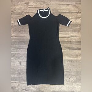 Poof Couture Elegant Black Midi Dress with White Trim